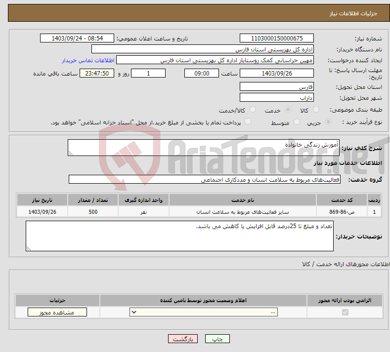 تصویر کوچک آگهی نیاز انتخاب تامین کننده-آموزش زندگی خانواده