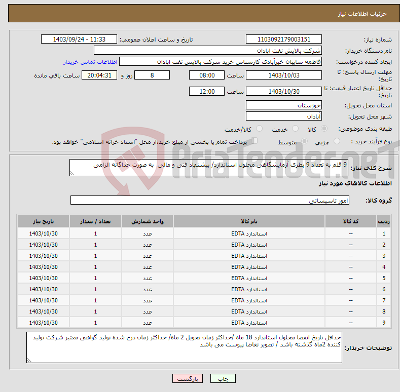 تصویر کوچک آگهی نیاز انتخاب تامین کننده-9 قلم به تعداد 9 بطری آزمایشگاهی محلول استاندارد/ پیشنهاد فنی و مالی به صورت جداگانه الزامی 