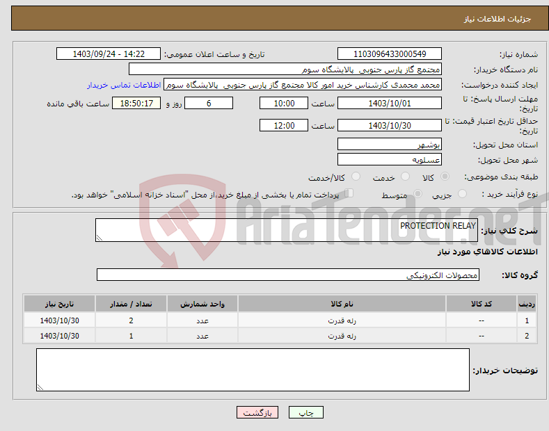 تصویر کوچک آگهی نیاز انتخاب تامین کننده-PROTECTION RELAY