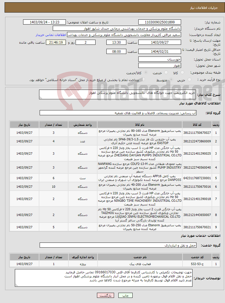 تصویر کوچک آگهی نیاز انتخاب تامین کننده-خرید الکتروپمپ جهت خوابگاه های دانشجویی دانشگاه علوم پزشکی اهواز