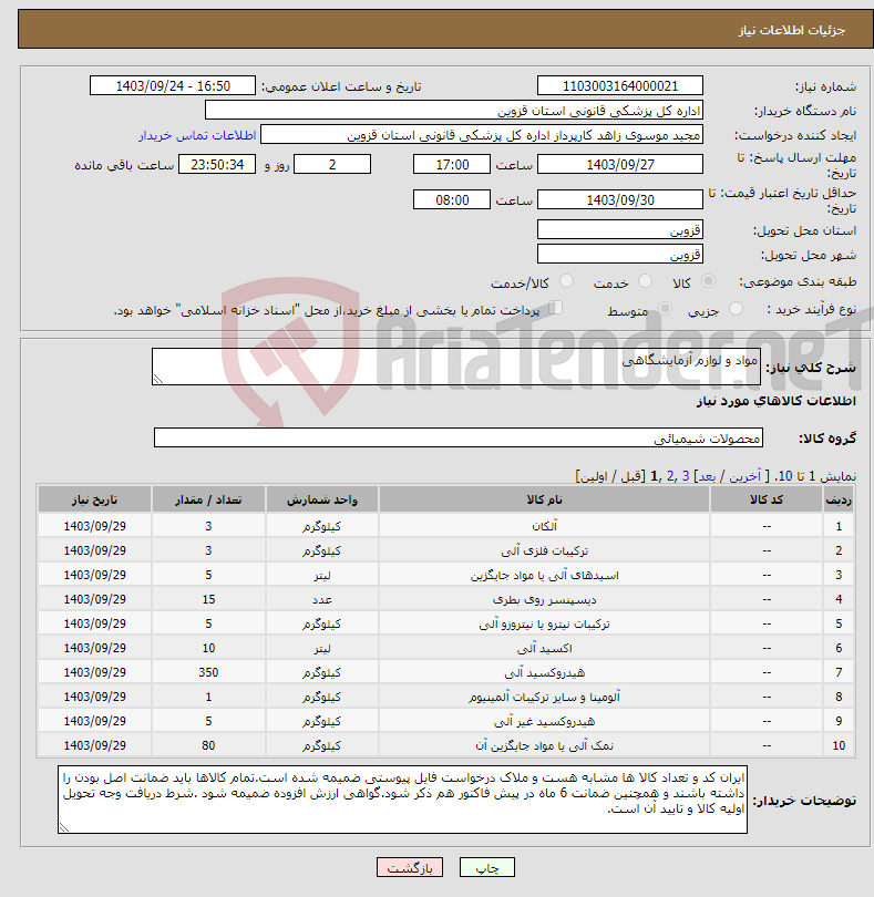 تصویر کوچک آگهی نیاز انتخاب تامین کننده-مواد و لوازم آزمایشگاهی