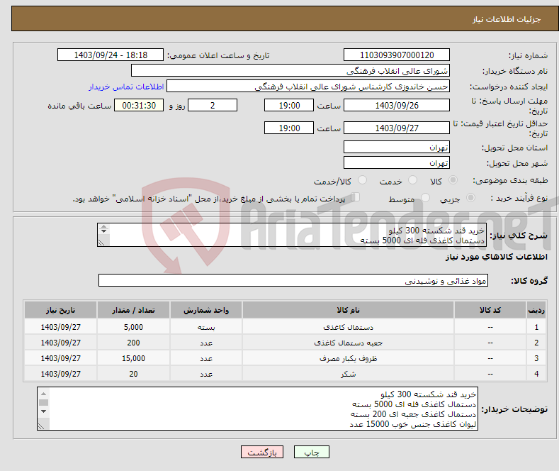 تصویر کوچک آگهی نیاز انتخاب تامین کننده-خرید قند شکسته 300 کیلو دستمال کاغذی فله ای 5000 بسته دستمال کاغذی جعبه ای 200 بسته للیوان کاغذی جنس خوب 15000 عدد شکر تک نفر 20 کیلو