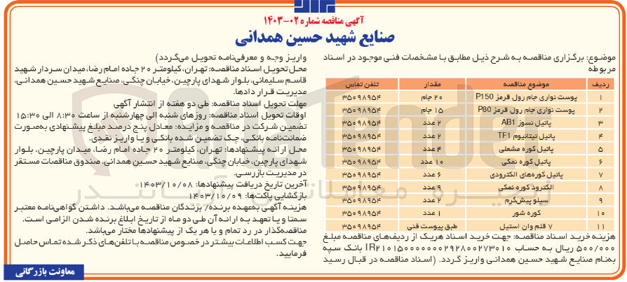 تصویر کوچک آگهی تامین پاتیل کوره مشعلی به مقدار 4عدد 