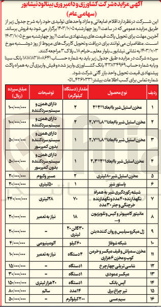 تصویر کوچک آگهی فروش اقلام ضایعاتی و  مازاد در 16ردیف شامل :سیم مسی ،تیر چراغ برق ،شبکه شوفاژ ،پاستورشیر ،میکسر عمودی ،مانیتور ،کامپیوتر و کیس و....