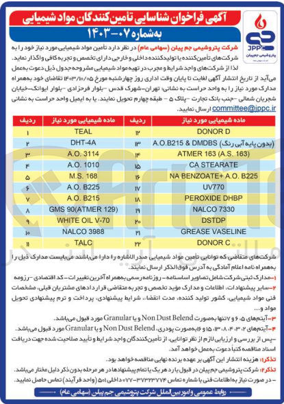 تصویر کوچک آگهی تامین مواد شیمیایی (بدون پایه آبی رنگ) A.O.B215 & DMDBS