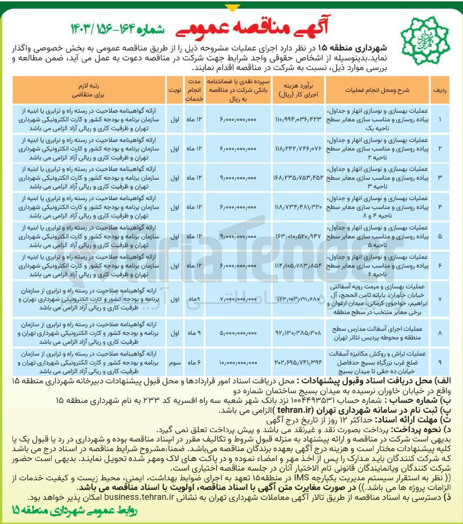 تصویر کوچک آگهی عملیات بهسازی و مرمت رویه آسفالتی خیابان خاوران بابانه ثامن الحجج، آل ابراهیم خواجوی کرمانی میدان ارغوان و برخی معابر منتخب در سطح منطقه 
