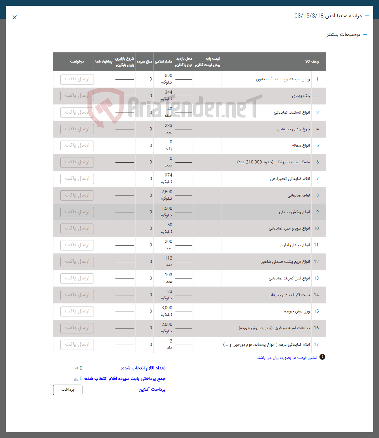 تصویر کوچک آگهی فروش اقللام شامل: روغن سوخته -رنگ پودری -انواع لاستیک -چرخ چندی -انواع سفاله -ماسک سه لایه پزشکی -اقلام ضایعاتی -لفاف ضایعاتی -انواع روکش صندلی -اناوع پیچ و مهره- ضایعاتی -انواع صندلی اداری -انواع فریم پشت صندلی -انواع قفل کمربند ضایعاتی -بست اگراف بادی ضایعاتی -ورق برش خرده -ضایعات لمینه -اقلام ضایعاتی درهم
