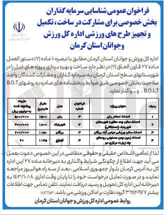 تصویر کوچک آگهی احداث سالن ورزشی عباس آباد ریگان  به روش های b.o.t و b.o.l.t