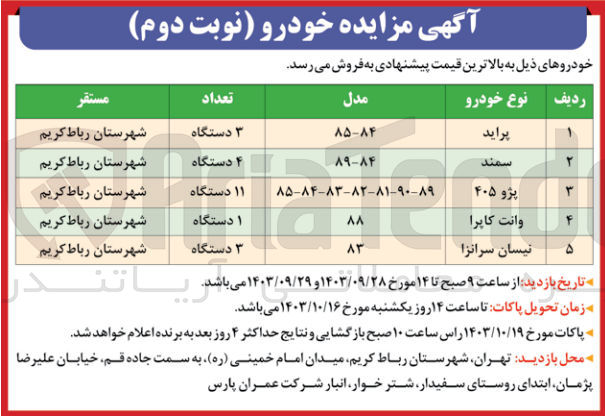 تصویر کوچک آگهی فروش خودرو در 5 ردیف شامل : پراید، سمند، پژو405، وانت کاپرا ، نیسان سرانزا 