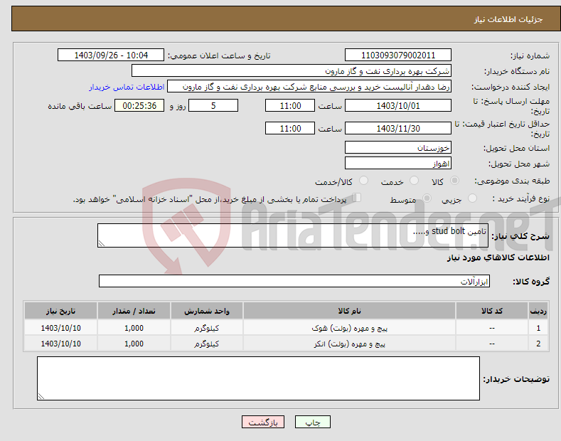 تصویر کوچک آگهی نیاز انتخاب تامین کننده-تامین stud bolt و.....