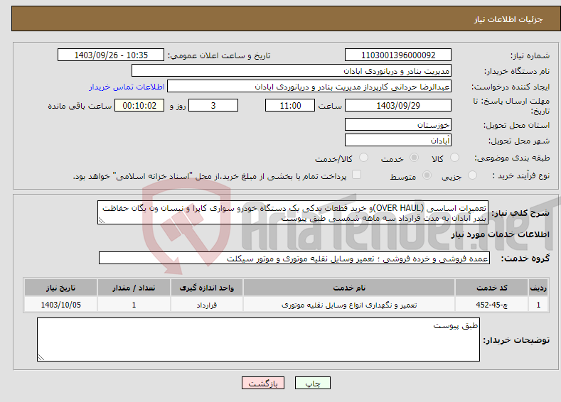 تصویر کوچک آگهی نیاز انتخاب تامین کننده-تعمیرات اساسی (OVER HAUL)و خرید قطعات یدکی یک دستگاه خودرو سواری کاپرا و نیسان ون یگان حفاظت بندر آبادان به مدت قرارداد سه ماهه شمسی طبق پیوست