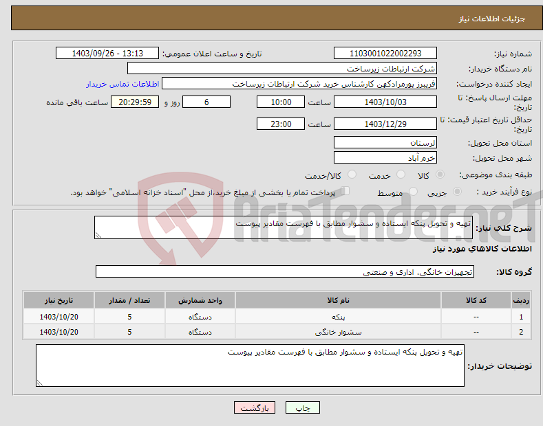 تصویر کوچک آگهی نیاز انتخاب تامین کننده-تهیه و تحویل پنکه ایستاده و سشوار مطابق با فهرست مقادیر پیوست 