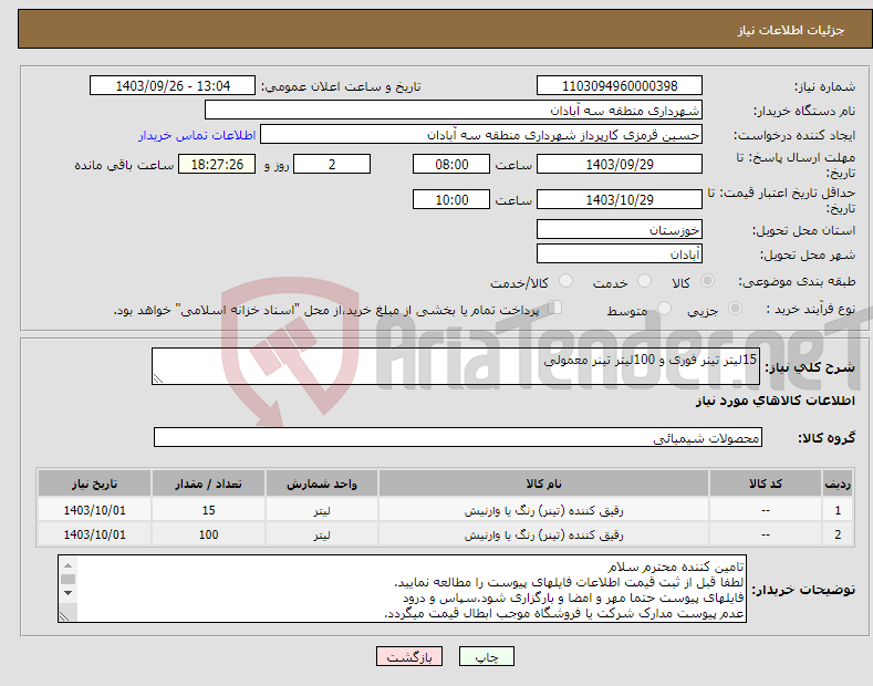 تصویر کوچک آگهی نیاز انتخاب تامین کننده-15لیتر تینر فوری و 100لیتر تینر معمولی