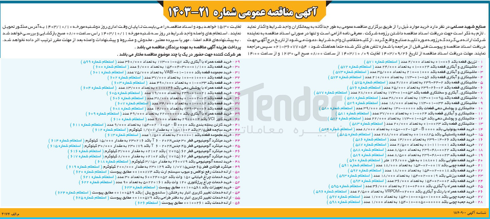 تصویر کوچک آگهی خرید مجموعه قطعه با کد ۱۰۰۰-۰۱ - VABI به تعداد ۷۵/۰۰۰ عدد (استعلام شماره ۶۰۱)