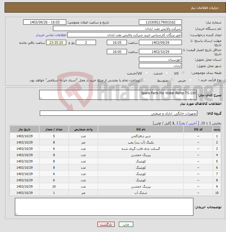 تصویر کوچک آگهی نیاز انتخاب تامین کننده-Spare Parts For Water Pump TS-100