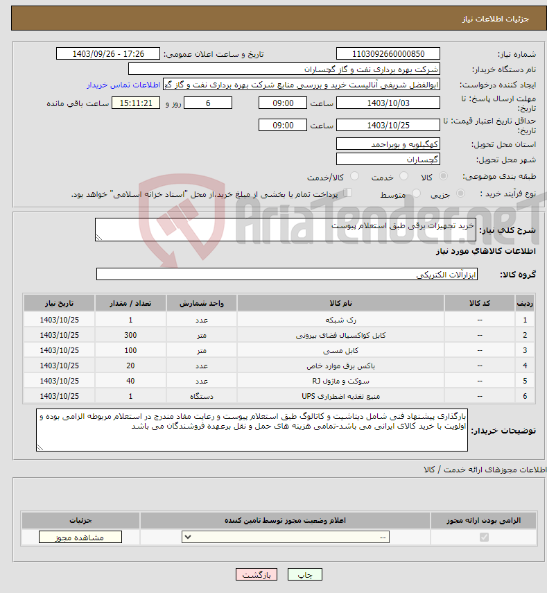 تصویر کوچک آگهی نیاز انتخاب تامین کننده-خرید تجهیزات برقی طبق استعلام پیوست