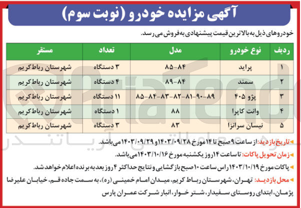 تصویر کوچک آگهی فروش خودرو در 5 ردیف شامل : پراید، سمند، پژو405، وانت کاپرا ، نیسان سرانزا 