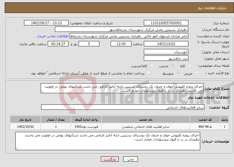 تصویر کوچک آگهی نیاز انتخاب تامین کننده-اجرای پروژه کفپوش جوی و جدول تک روستای بسیتین ارایه آنالیز الزامی می باشد شرکتهای بومی در اولویت می باشند دهیاری در رد یا قبول پیشنهادات مختار است .