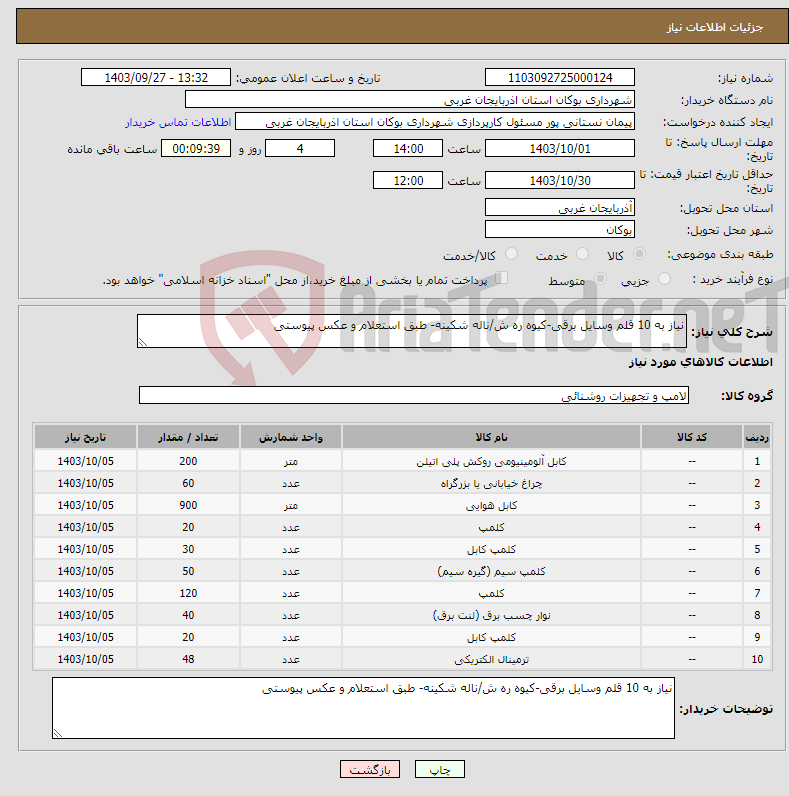 تصویر کوچک آگهی نیاز انتخاب تامین کننده-نیاز به 10 قلم وسایل برقی-کیوه ره ش/ناله شکینه- طبق استعلام و عکس پیوستی