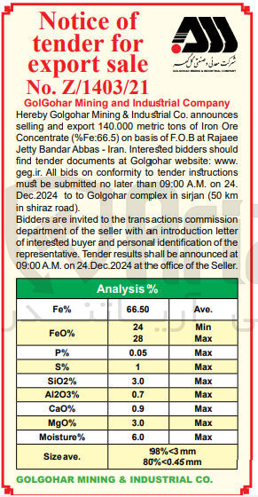 تصویر کوچک آگهی announces selling and export 140.000 metric tons of Iron Ore Concentrate (%Fe:66.5) on basis of F.O.B