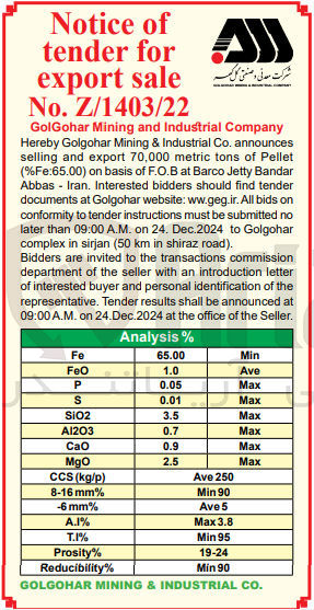 تصویر کوچک آگهی  announces selling and export 70,000 metric tons of Pellet (%Fe:65.00) on basis of F.O.B