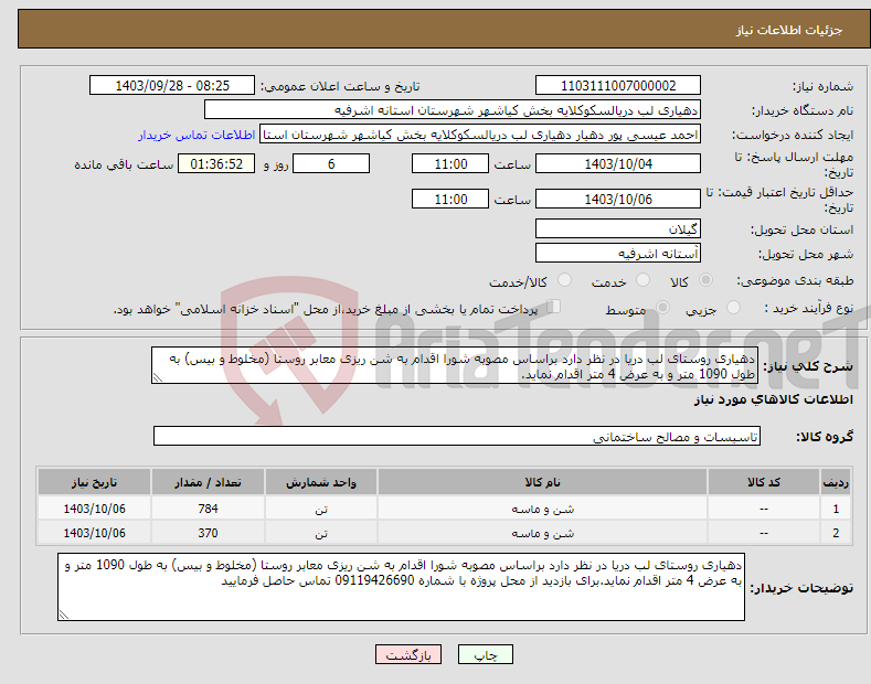 تصویر کوچک آگهی نیاز انتخاب تامین کننده-دهیاری روستای لب دریا در نظر دارد براساس مصوبه شورا اقدام به شن ریزی معابر روستا (مخلوط و بیس) به طول 1090 متر و به عرض 4 متر اقدام نماید.