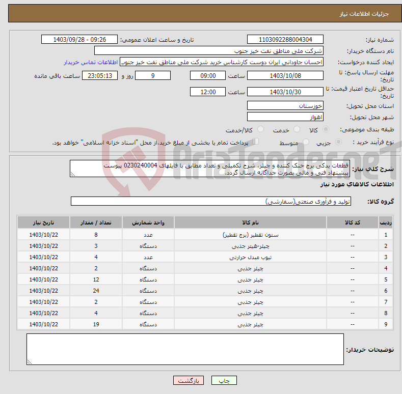 تصویر کوچک آگهی نیاز انتخاب تامین کننده-قطعات یدکی برج خنک کننده و چیلر، شرح تکمیلی و تعداد مطابق با فایلهای 0230240004 پیوست پیشنهاد فنی و مالی بصورت جداگانه ارسال گردد.