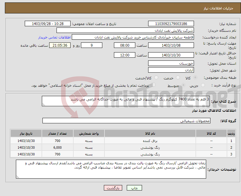 تصویر کوچک آگهی نیاز انتخاب تامین کننده-3 قلم به تعداد 7400 کیلوگرم رنگ / پیشنهاد فنی و مالی به صورت جداگانه الزامی می باشد 