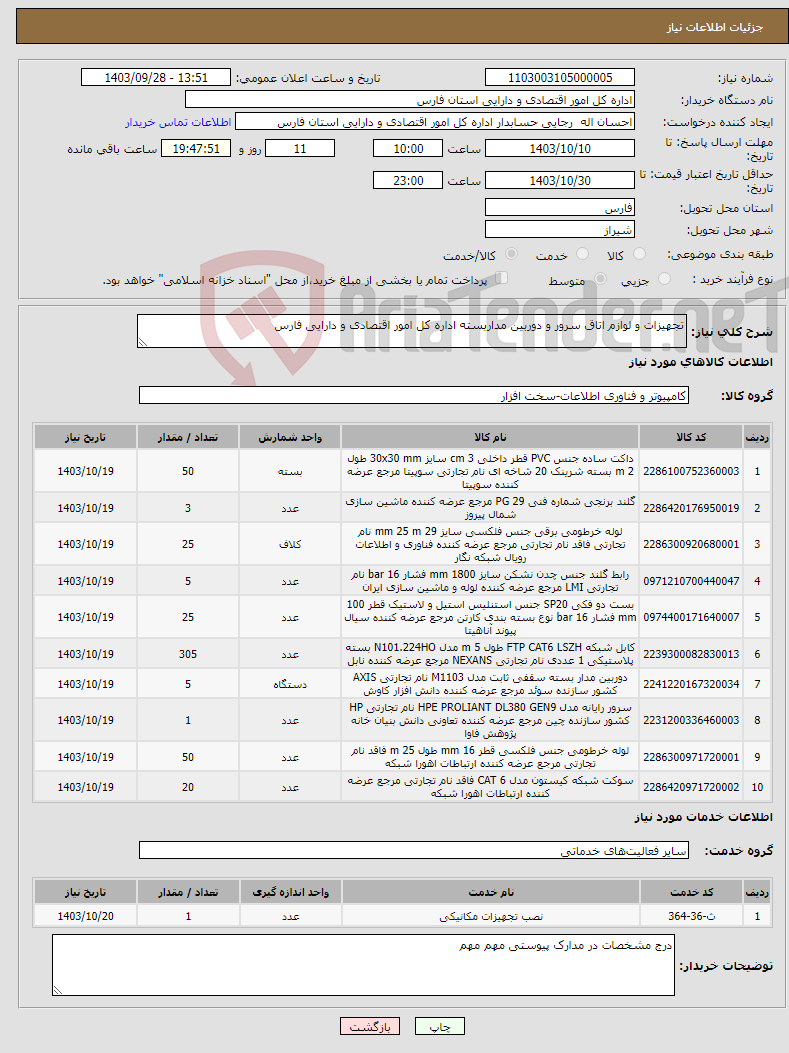 تصویر کوچک آگهی نیاز انتخاب تامین کننده-تجهیزات و لوازم اتاق سرور و دوربین مداربسته اداره کل امور اقتصادی و دارایی فارس