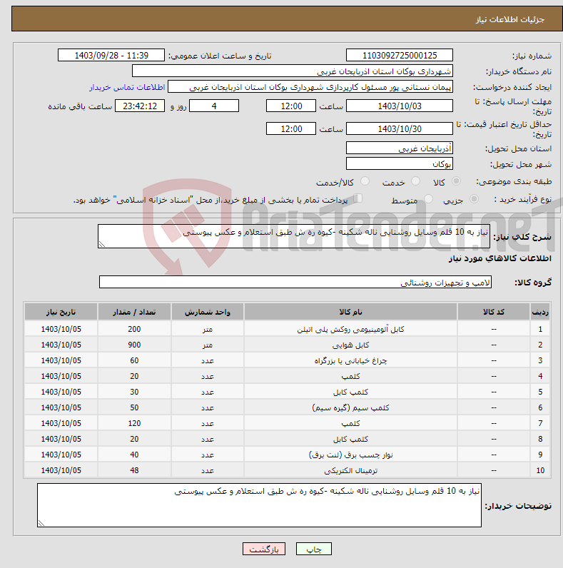 تصویر کوچک آگهی نیاز انتخاب تامین کننده-نیاز به 10 قلم وسایل روشنایی ناله شکینه -کیوه ره ش طبق استعلام و عکس پیوستی