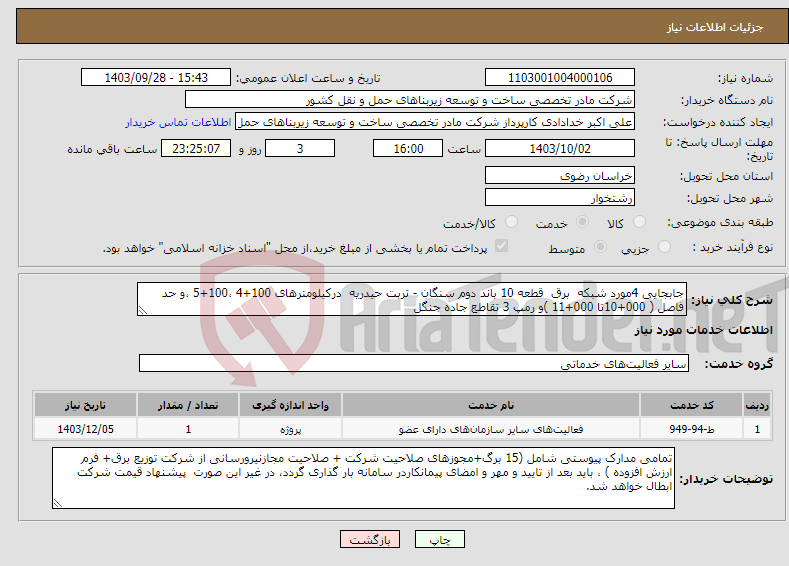 تصویر کوچک آگهی نیاز انتخاب تامین کننده-جابجایی 4مورد شبکه برق قطعه 10 باند دوم سنگان - تربت حیدریه درکیلومترهای 100+4 ،100+5 ،و حد فاصل ( 000+10تا 000+11 )و رمپ 3 تقاطع جاده جنگل