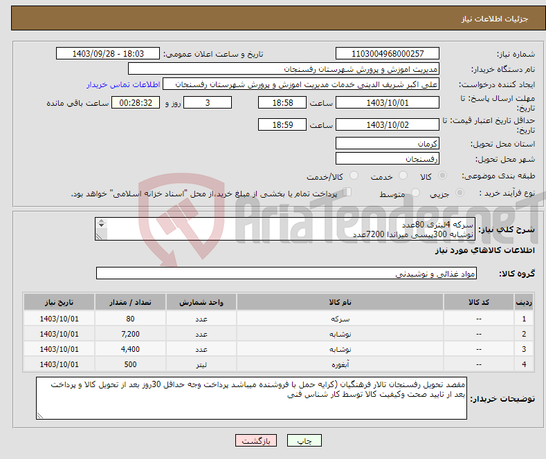 تصویر کوچک آگهی نیاز انتخاب تامین کننده-سرکه 4لیتری 80عدد نوشابه 300پیسی میراندا 7200عدد پپسی میراندا قوطی 4400عدد آبغوره 1.5لیتری500عدد 