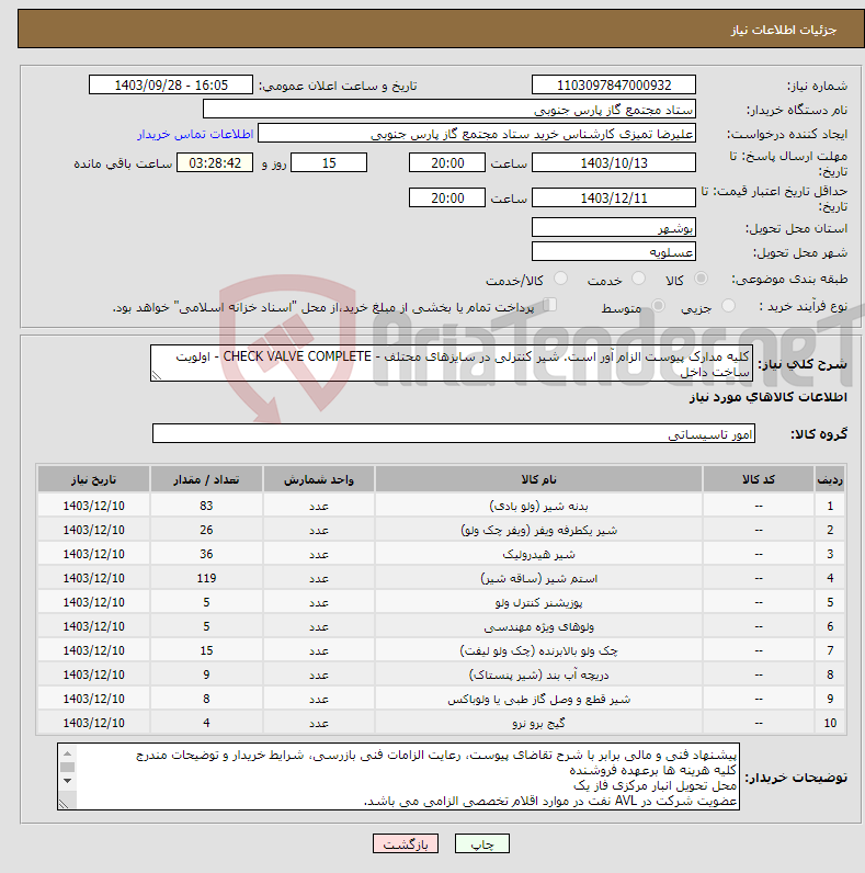 تصویر کوچک آگهی نیاز انتخاب تامین کننده-کلیه مدارک پیوست الزام آور است. شیر کنترلی در سایزهای محتلف - CHECK VALVE COMPLETE - اولویت ساخت داخل