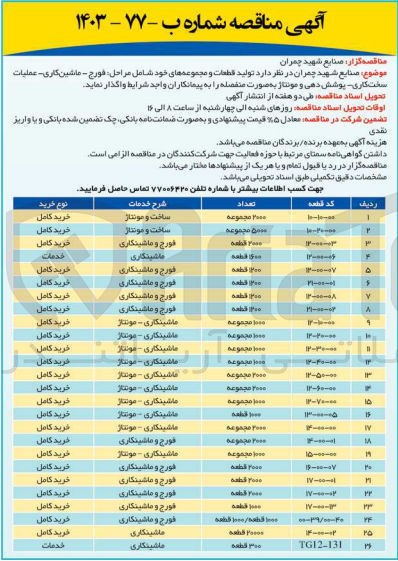 تصویر کوچک آگهی ساخت و مونتاژ قطعه باکد 00-20-10 به تعداد 5000 مجموعه 