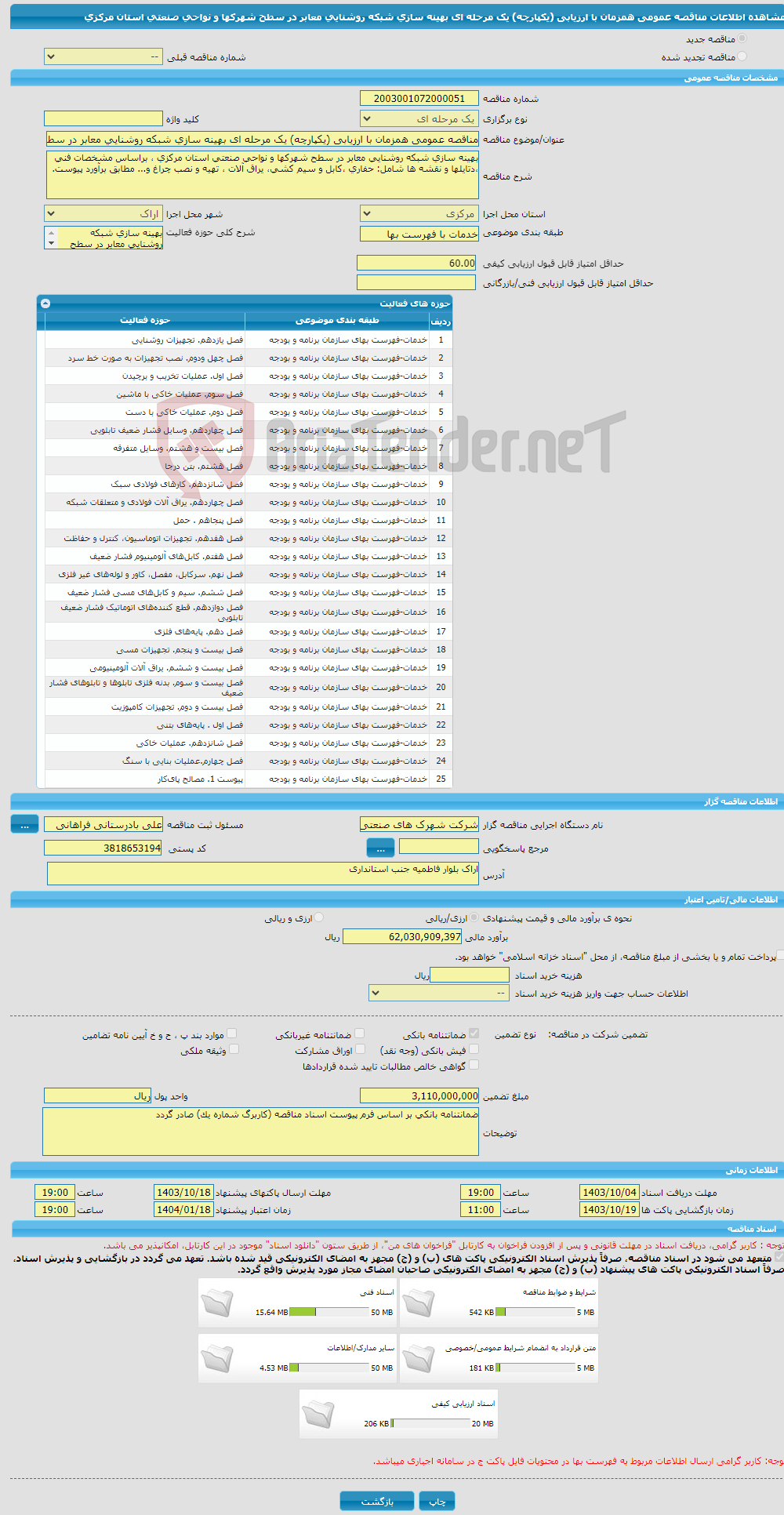 تصویر کوچک آگهی مناقصه عمومی همزمان با ارزیابی (یکپارچه) یک مرحله ای بهینه سازی شبکه روشنایی معابر در سطح شهرکها و نواحی صنعتی استان مرکزی