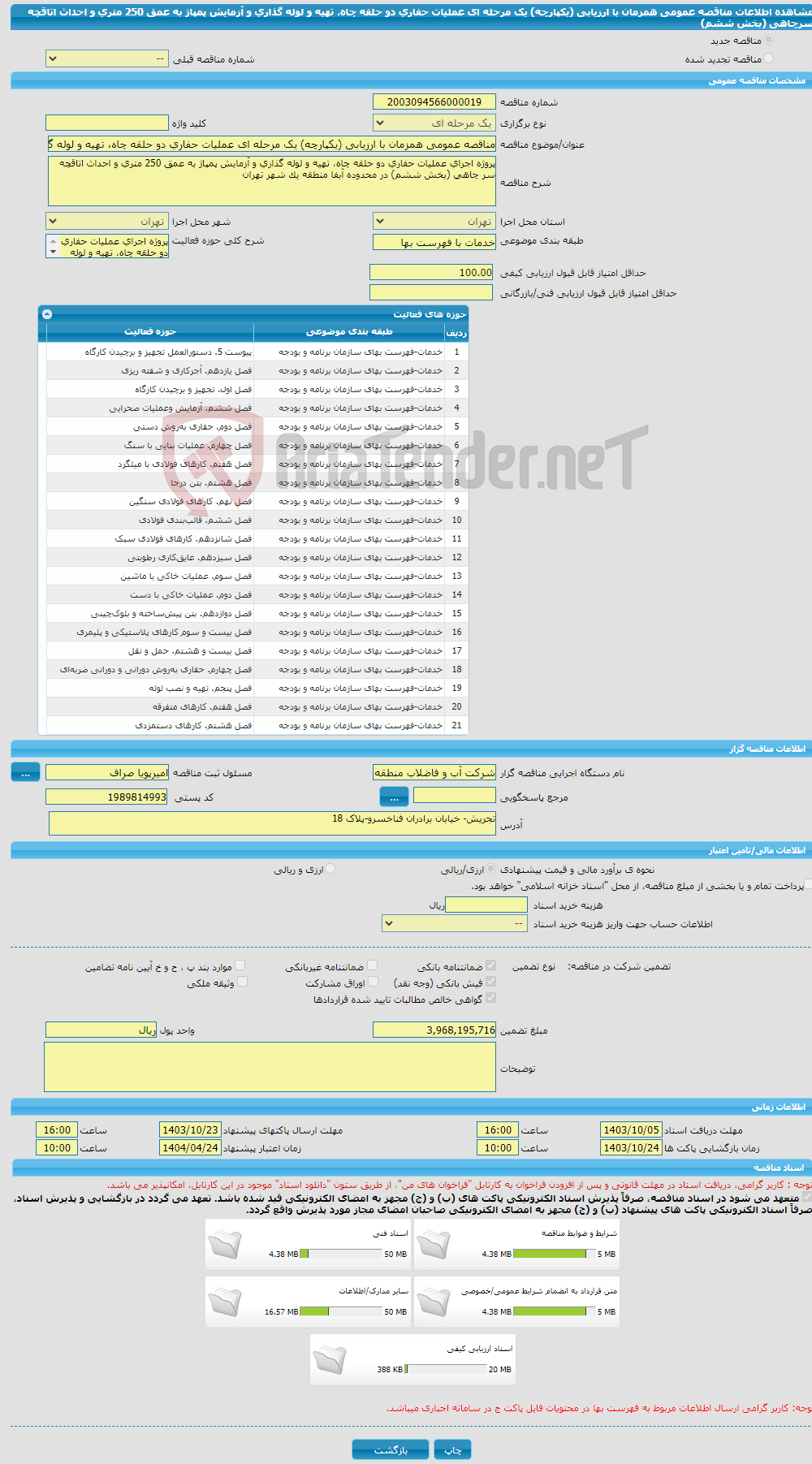 تصویر کوچک آگهی مناقصه عمومی همزمان با ارزیابی (یکپارچه) یک مرحله ای عملیات حفاری دو حلقه چاه، تهیه و لوله گذاری و آزمایش پمپاژ به عمق 250 متری و احداث اتاقچه سرچاهی (بخش ششم)