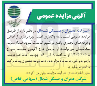 تصویر کوچک آگهی واگذاری امتیاز بهره برداری از اماکن و غرفه های تجاری 