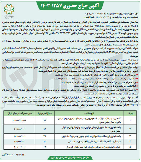 تصویر کوچک آگهی بهره برداری از تعدادی غرف واقع در سطح شهر :
کانکس سوپر مارکت پارکینگ خودرویی جنب میدان مرکزی میوه و تره بار
واحد تجاری خدمات موبایل میدان مرکزی میوه و تره بار 
واحد تجاری آرایشگاه مردانه
غرفه آرایشگاه مردانه گلستان شمالی
کانکس گوشت مرغ و پروتئین 