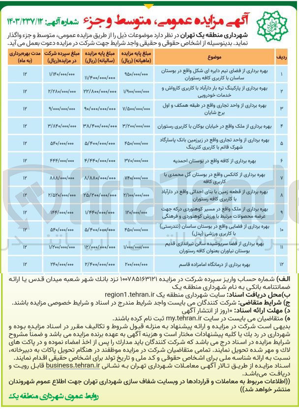 تصویر کوچک آگهی بهره برداری از فضای نیم دایره ای شکل واقع در بوستان ساسان با کاربری کافه رستوران
