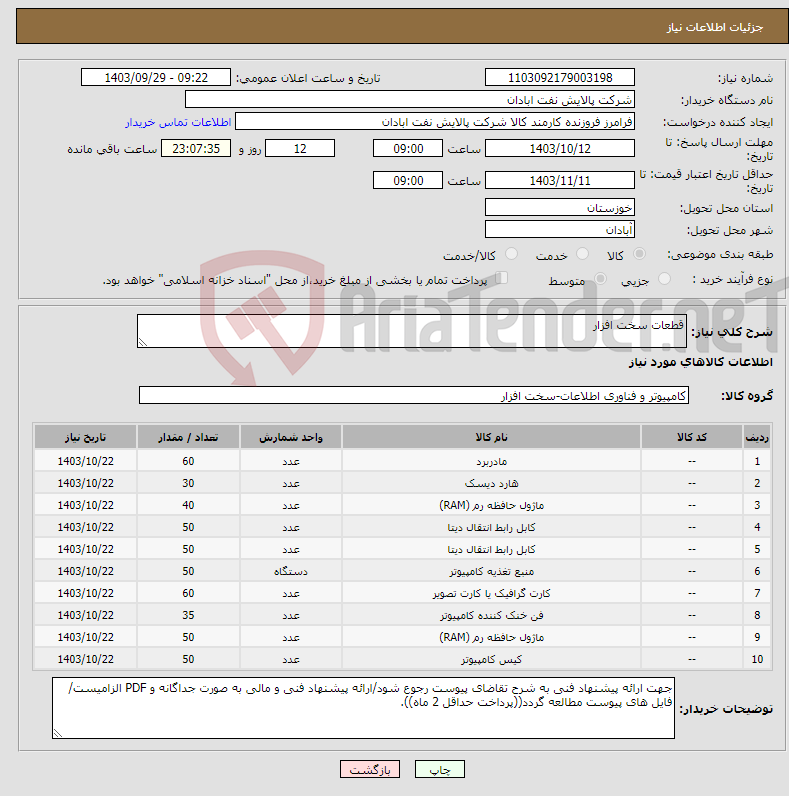 تصویر کوچک آگهی نیاز انتخاب تامین کننده-قطعات سخت افزار