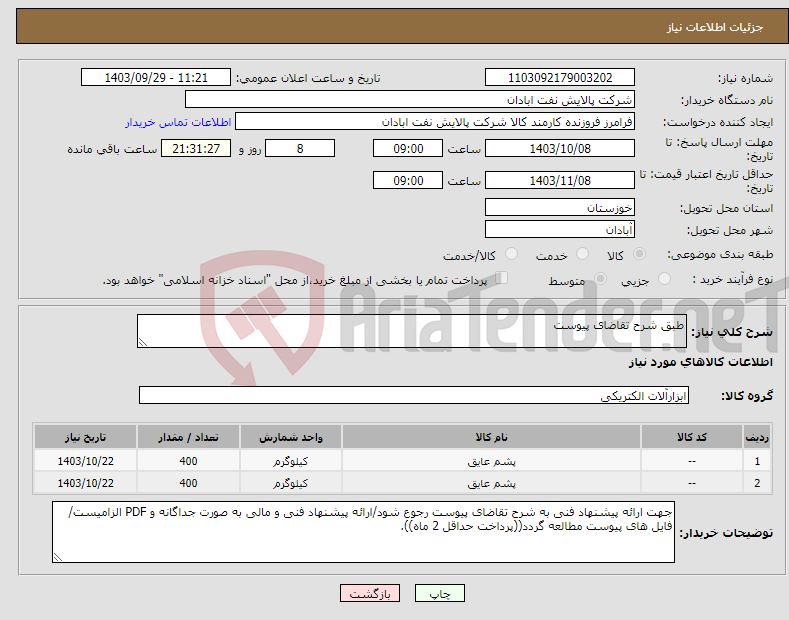 تصویر کوچک آگهی نیاز انتخاب تامین کننده-طبق شرح تقاضای پیوست