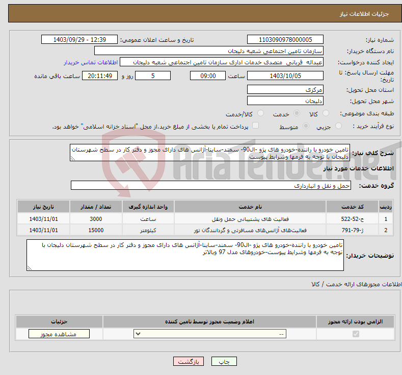 تصویر کوچک آگهی نیاز انتخاب تامین کننده-تامین خودرو با راننده-خودرو های پژو -ال90- سمند-ساینا-آژانس های دارای مجوز و دفتر کار در سطح شهرستان دلیجان با توجه به فرمها وشرایط پیوست