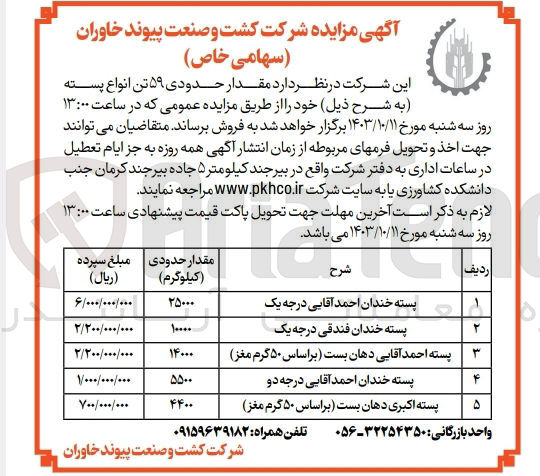 تصویر کوچک آگهی فروش مقدار حدودی 59 تن انواع پسته  در 5ردیف 