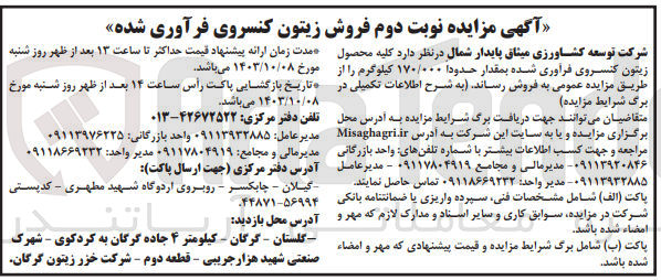 تصویر کوچک آگهی فروش کلیه محصول زیتون کنسروی فرآوری شده به مقدار حدود 170/000 کیلوگرم 
