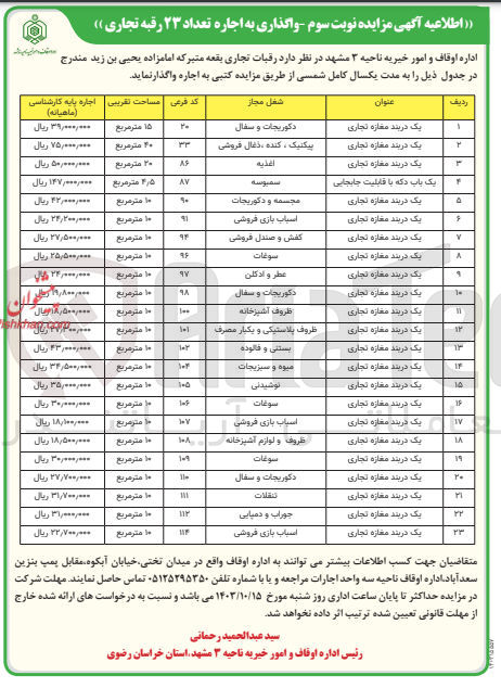 تصویر کوچک آگهی واگذاری به اجاره تعداد 23 رقبه تجاری 