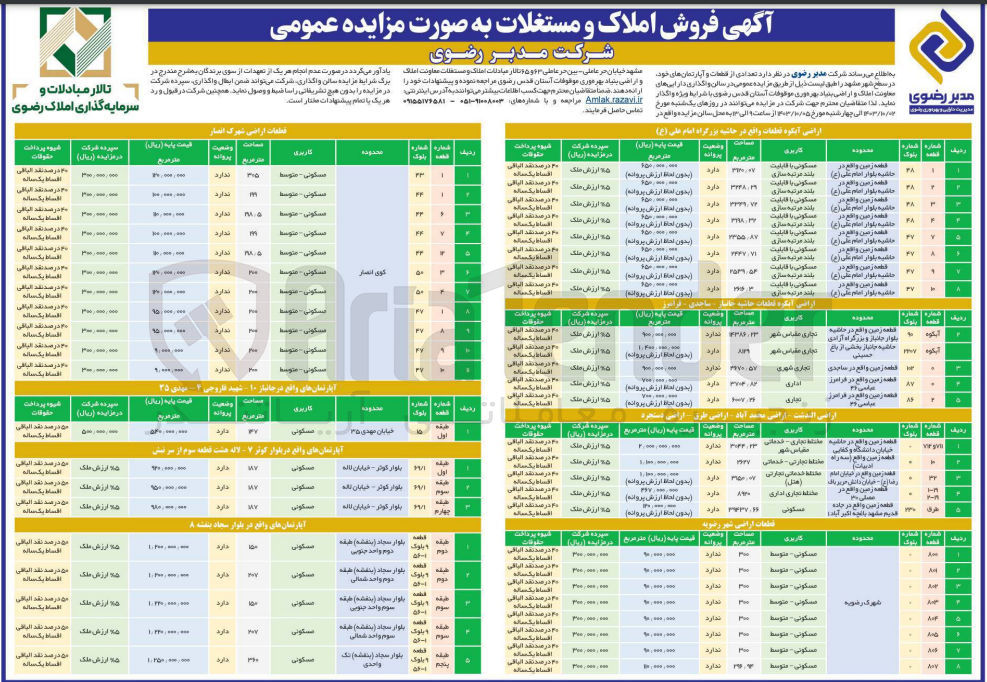 تصویر کوچک آگهی فروش تعدادی از قطعات و آپارتمان های خود در سطح شهر مشهد در 46 ردیف با کاربری مسکونی، تجاری، اداری