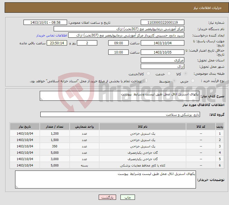 تصویر کوچک آگهی نیاز انتخاب تامین کننده-پکهای استریل اتاق عمل طبق لیست وشرایط پیوست