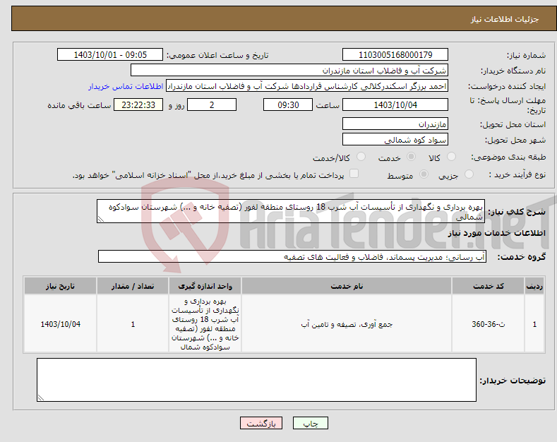تصویر کوچک آگهی نیاز انتخاب تامین کننده-بهره برداری و نگهداری از تأسیسات آب شرب 18 روستای منطقه لفور (تصفیه خانه و ...) شهرستان سوادکوه شمالی 