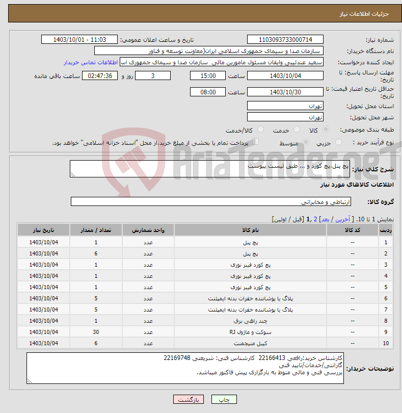 تصویر کوچک آگهی نیاز انتخاب تامین کننده-پچ پنل،پچ کورد و ... طبق لیست پیوست