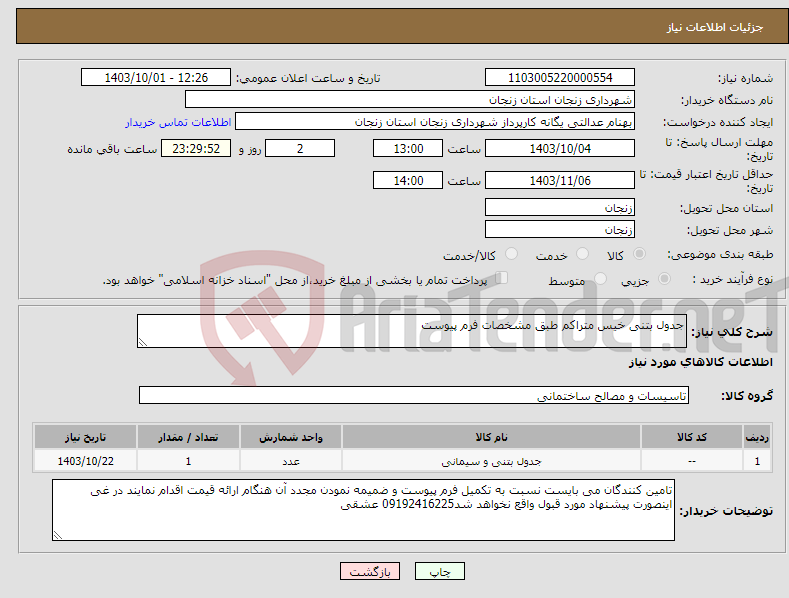 تصویر کوچک آگهی نیاز انتخاب تامین کننده-جدول بتنی خیس متراکم طبق مشخصات فرم پیوست